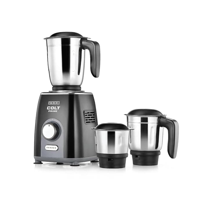 USHA Colt Prime Mixer Grinder| 500W| Powerful 100% Copper Motor| Rust Resistant Stainless Steel Jars & Blades| Uniform Grinding with 3 Jars| 5 Years Motor Warranty