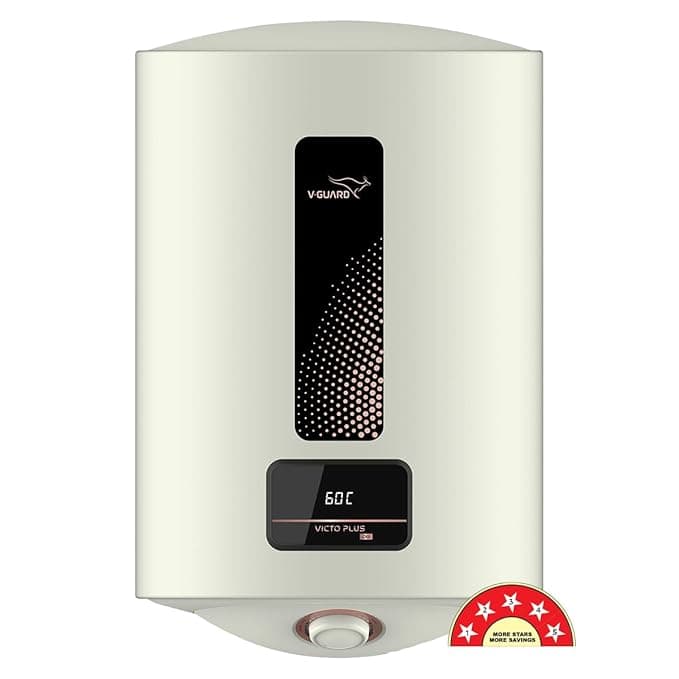 V-Guard Victo Plus DG Geyser 15 Litre Water Heater with Shock Prevention Module & Digital Display | BEE 5 Star Rating | Vitreous Enamel Coating | Free PAN India Installation & Connection Pipes| White