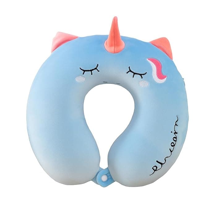 Kids Travel Unicorn Neck Pillow | Soft U-Shaped Neck & Head Support Cushion for Car, Flight & Train | Comfortable Portable Pillow for Ages 5+ Children | Color: Blue
