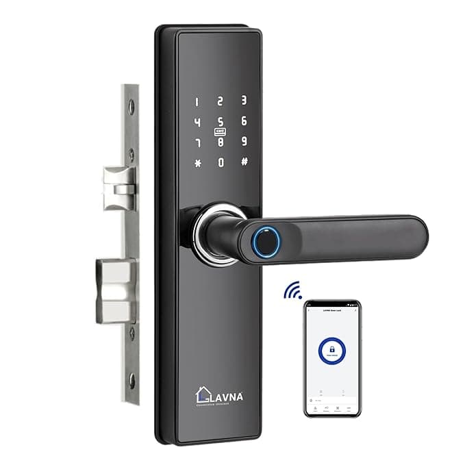LAVNA Smart Wi-Fi Door Lock | 7 Way Unlock | Fingerprint, Mobile App, WiFi + Bluetooth, RFID Card, OTP, PIN and Manual Key Access for Wooden Doors | SS Locking Bolts (LA16 WF)