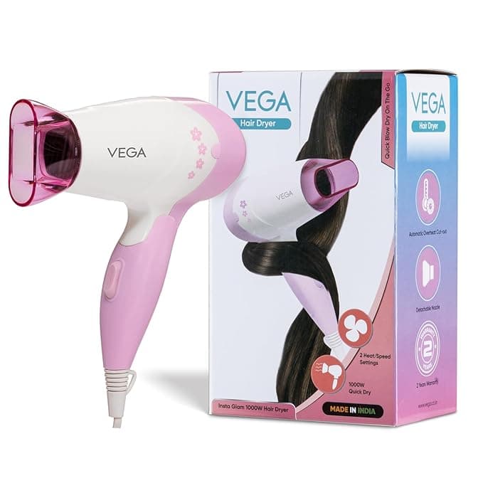 VEGA Insta Glam Foldable 1000-1200Watts Hair Dryer for Men & Women, 2 Heat & 1 Speed Settings (Low & High), Perfect Blow Dry & Style, Compact Hair Dryer for Travel & Home Use (VHDH-20) Made In India