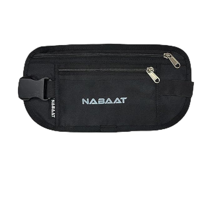 NABAAT Polyester Money Belt for Men and Women, Travel Passport Hidden Waist Bag Pouch for Cash, Passport, Mobile, Credit/Debit Card and Travel Documents - Safe and Secure for Travel (Black, WB-3)