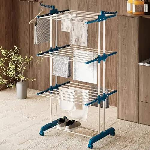 amazon basics Mild Steel Double Supported 3 Layer Cloth Drying Rack | Foldable and Movable | Silver & Teal | Iron